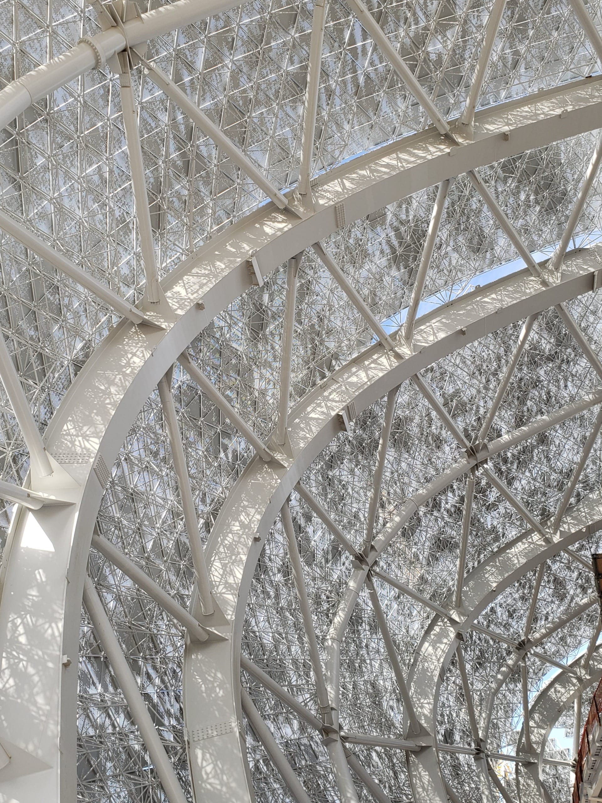 Underside of the support structure that forms the SoFi Stadium canopy.