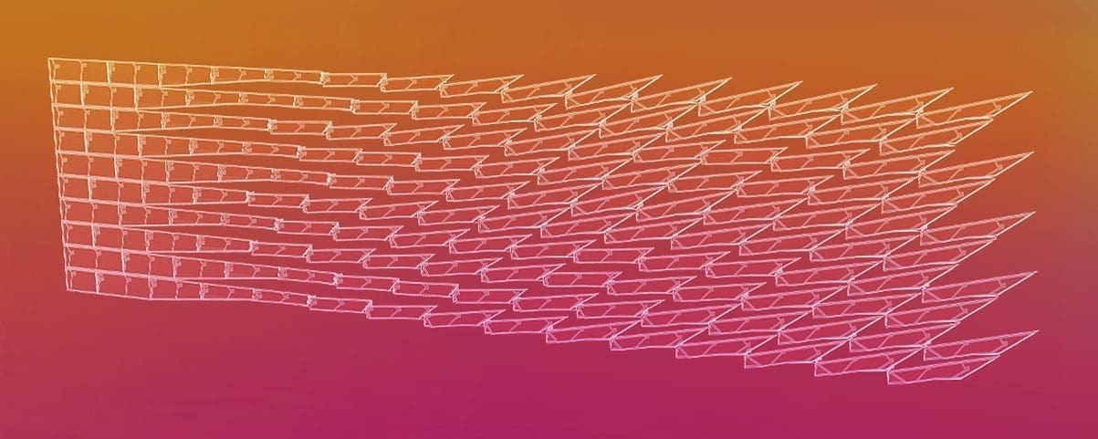 Engineering rendering and construction photograph of the completed facade.