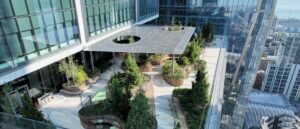 The top of the 50 Hudson Yards terrace canopy features Zahner's Angel Hair stainless steel to mitigate reflectivity.