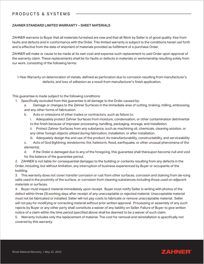 Sheet Material Warranty