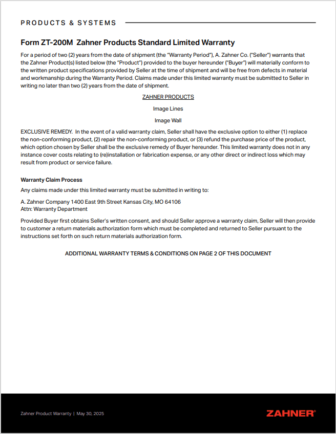 Zahner Product Warranty