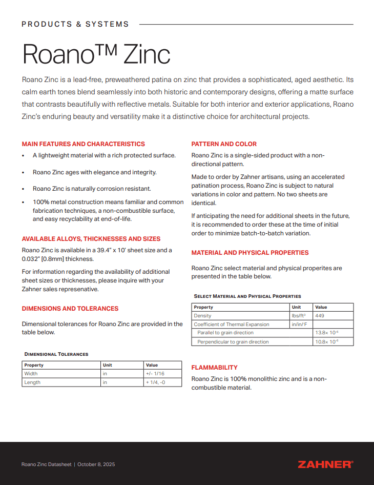Roano™ Zinc Datasheet
