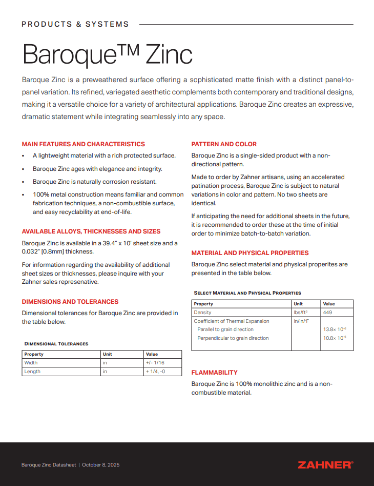 Baroque™ Zinc Datasheet