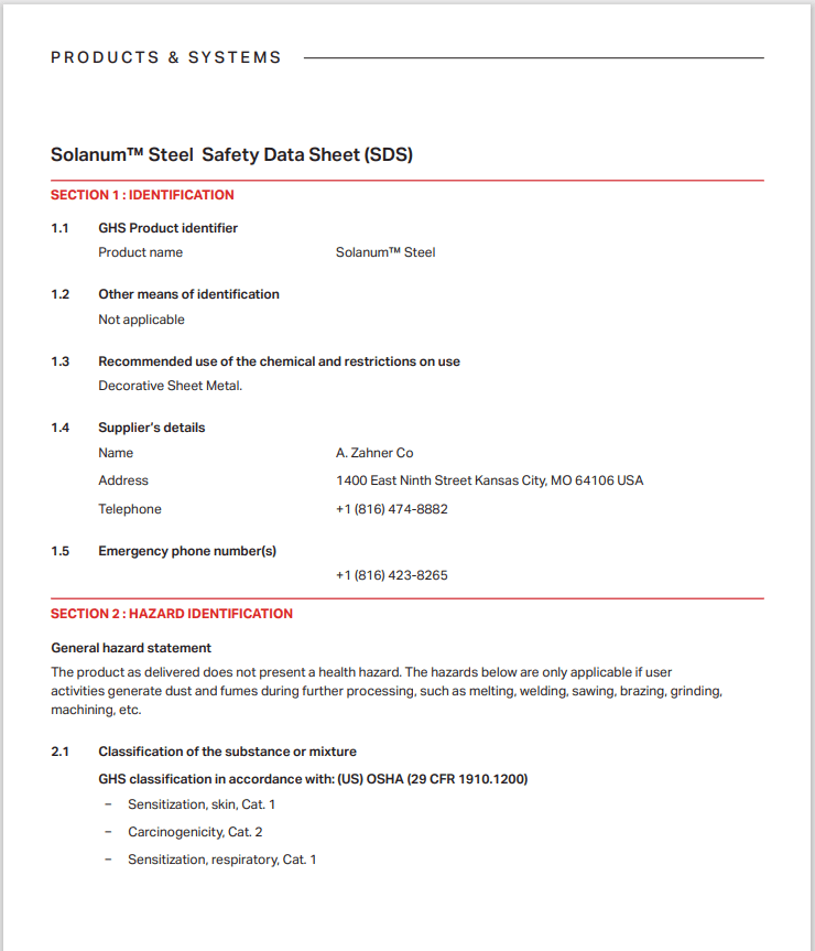 Solanum™ Steel Safety Data Sheet (SDS)