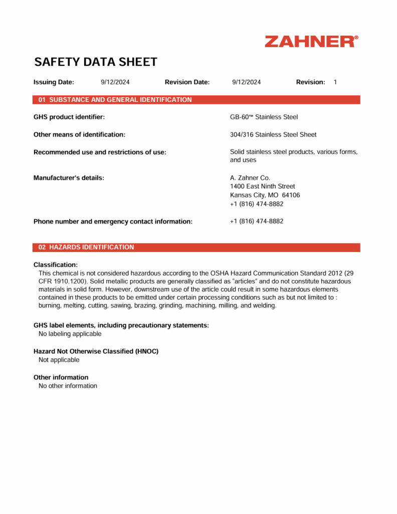 GB-60™ Stainless Steel Safety Data Sheet (SDS)