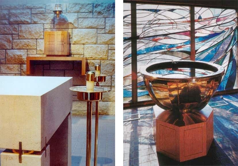 Details of the custom brass baptismal altar and candle holders