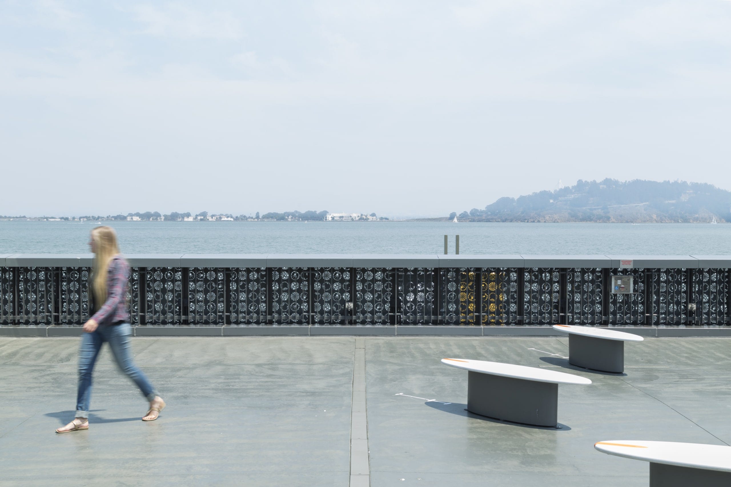 View of the Plankton Wall from the Bay Observation Terrace at the Exploratorium.