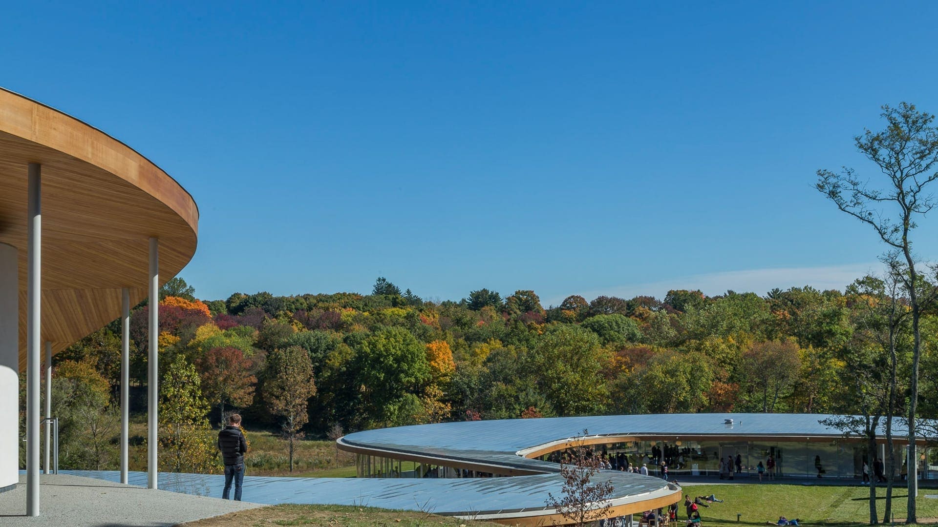 The building's reflective roof appears as a river below the feet of visitors on the hill.
