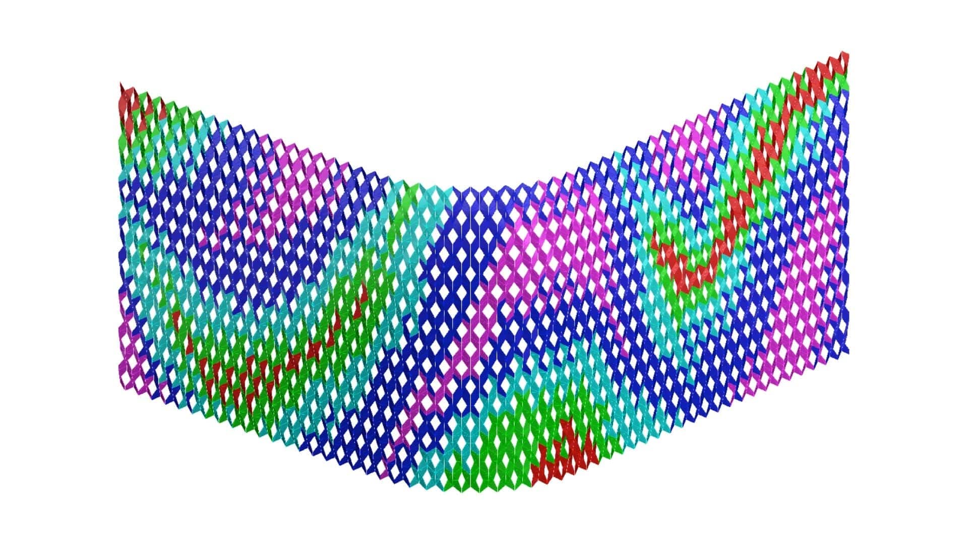 Digital model of the IwamotoScott facade, color-coded to indicate its five repeating panel types.