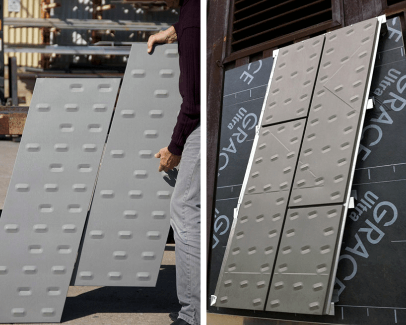 Zinc panel siding mockups are displayed at Zahner for architectural analysis.