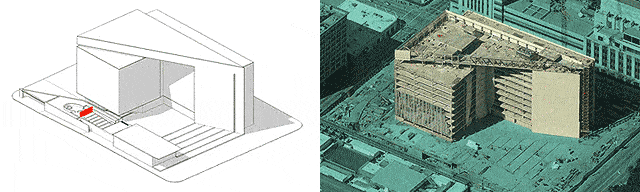 Location of the memorial adjacent to the Los Angeles Police building, marked in red.