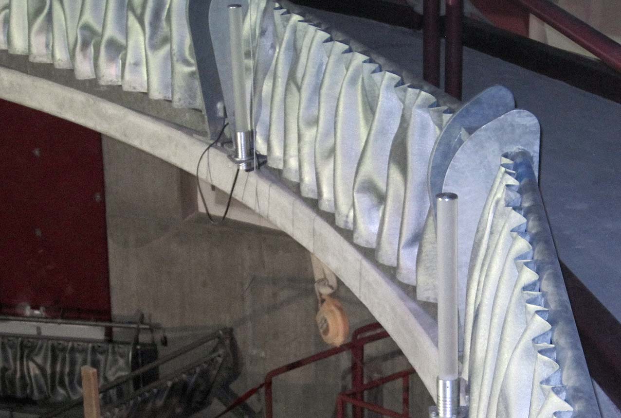 Detail of the custom undulated steel curtains used on the Center for the Arts at NMSU