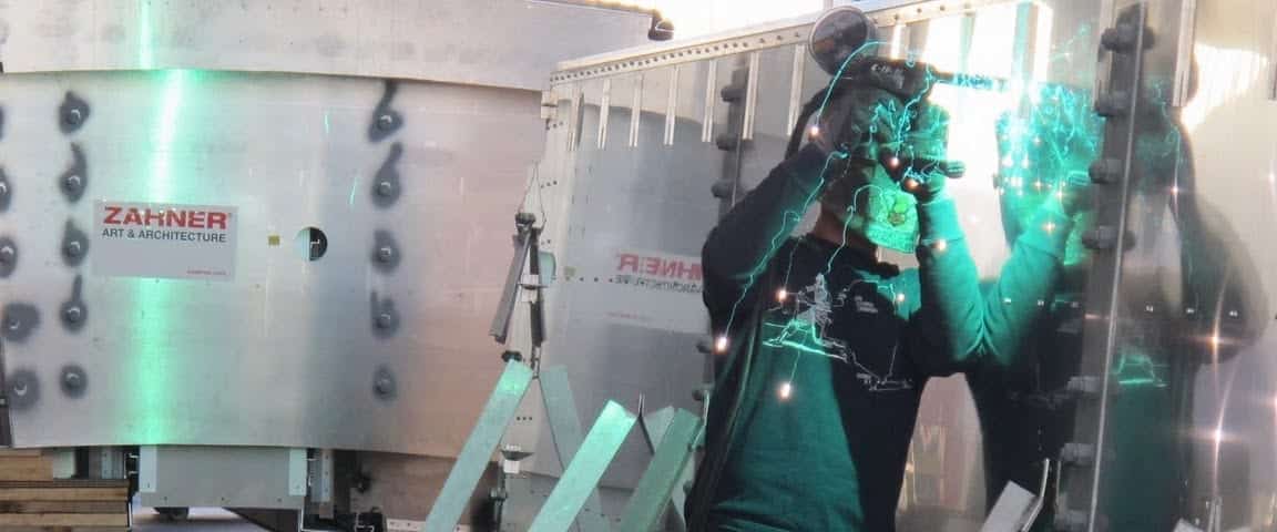 Zahner shop welder tack-weld components on an assembly for Miami Intermodal Center.