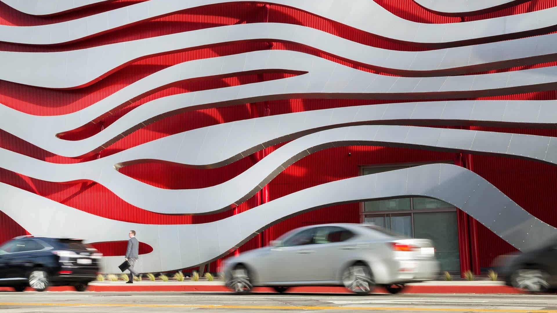 Detail of the facade of the Petersen Automotive Museum.