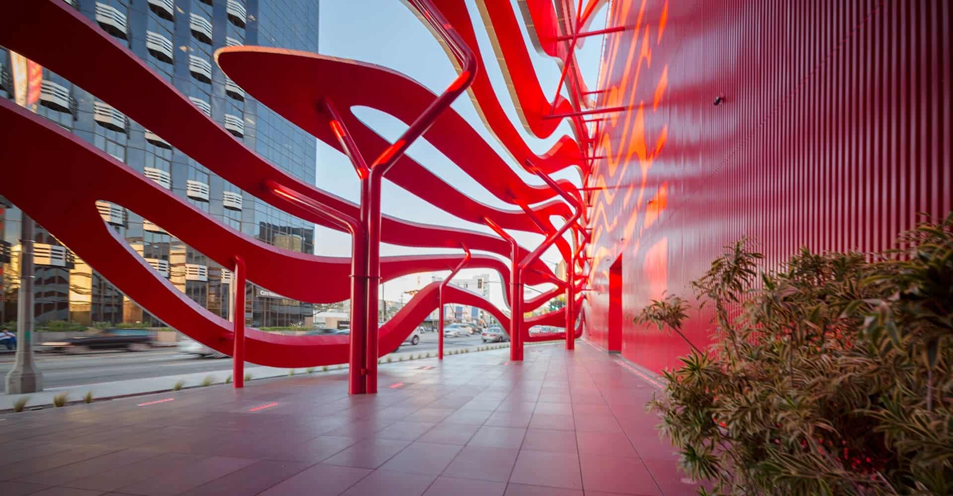 Underneath the undulating ribbon facade of the Petersen Automotive Museum.