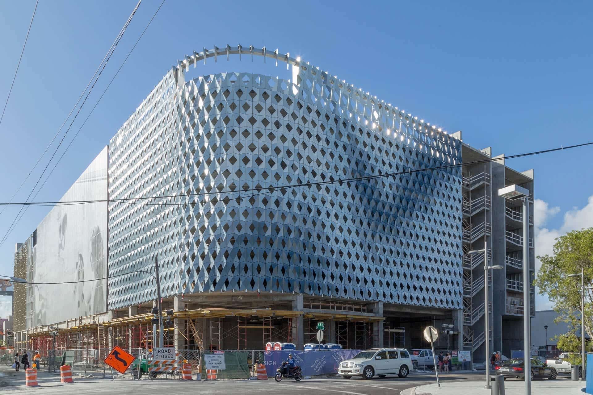 Photograph of the IwamotoScott Facade during construction, Miami Design District City View Garage.