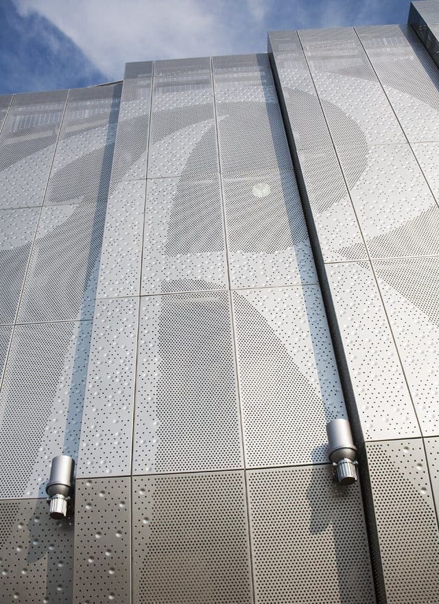 Detail of the perforated metal facade.