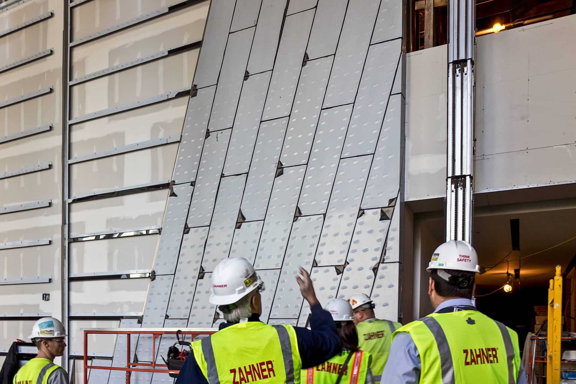Interior zinc wall during installation at KCPD Headquarters.
