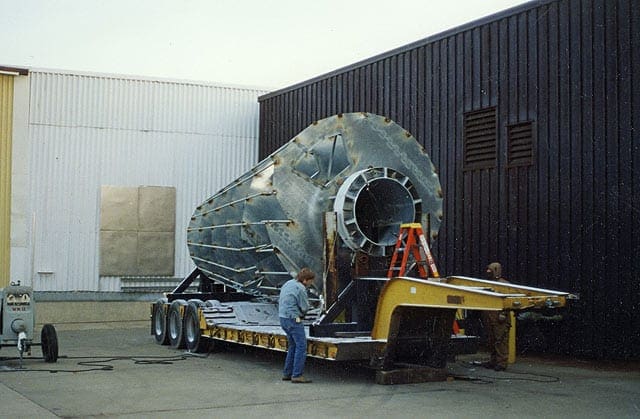 A prefabricated element of the roof spire is secured for shipment.