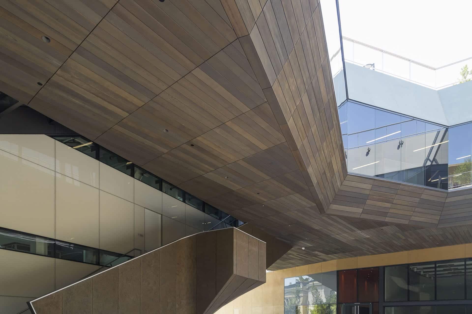 Detail of the custom zinc interior atrium staircase at the McMurtry Building in Stanford, California.