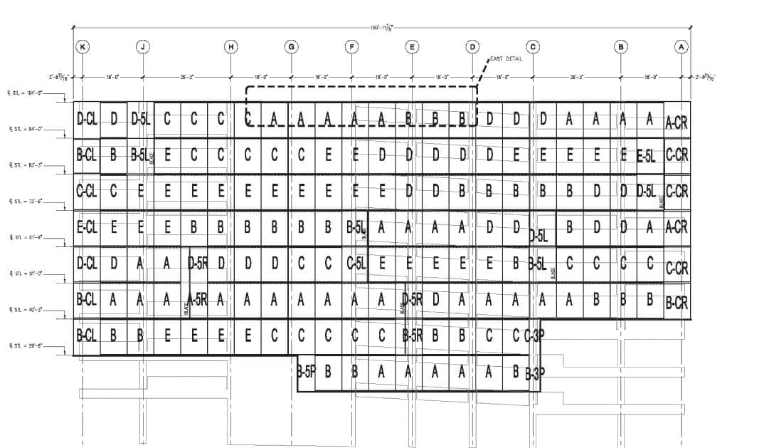 Drawing shows the five repeating assemblies for the UCSF Parking Garage.