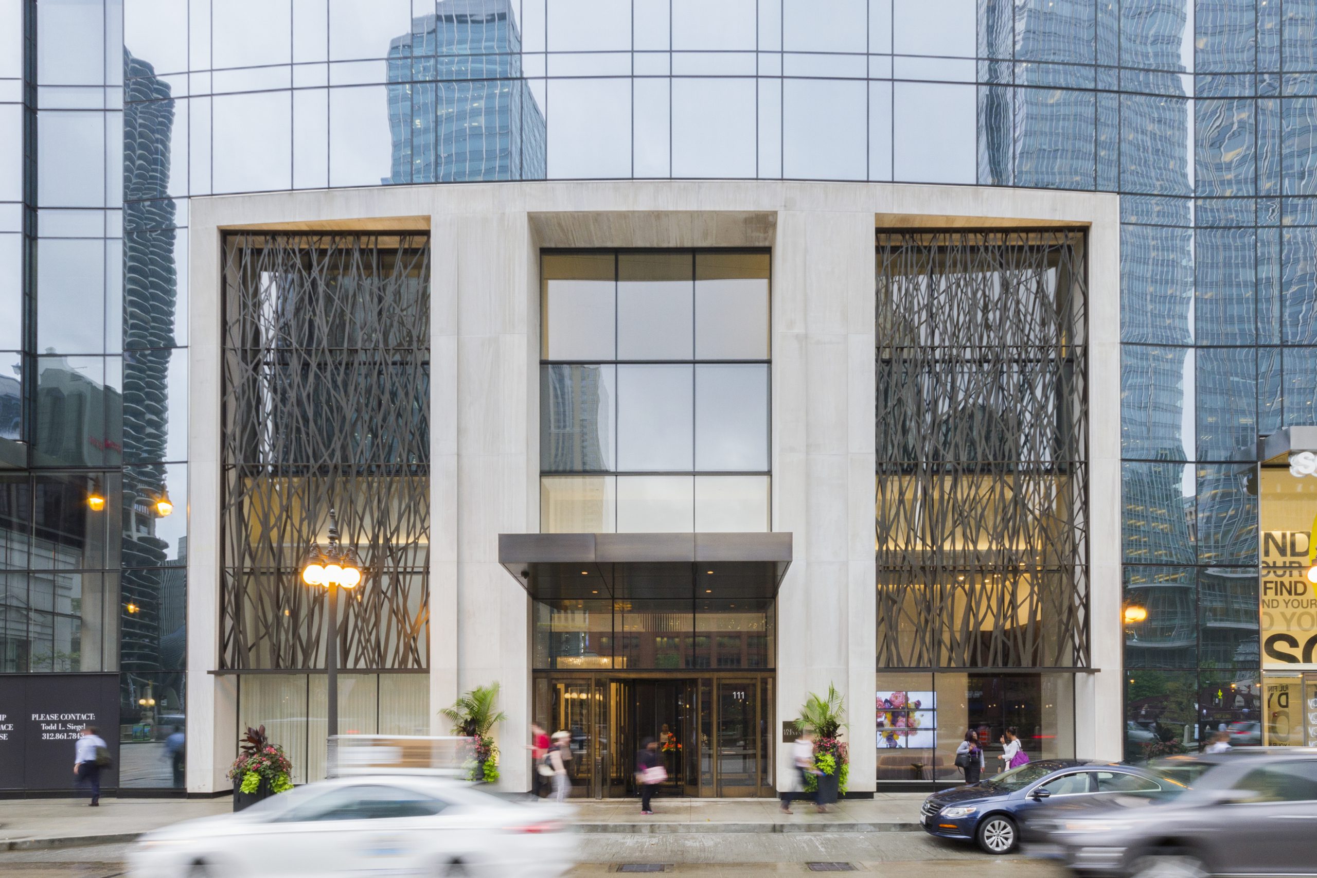 Entrance to the OneEleven residential tower in Chicago, Illinois.