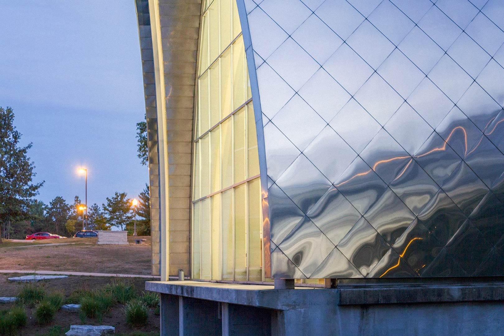Detail of the stainless steel panel system on the Rose-Hulman campus White Chapel.