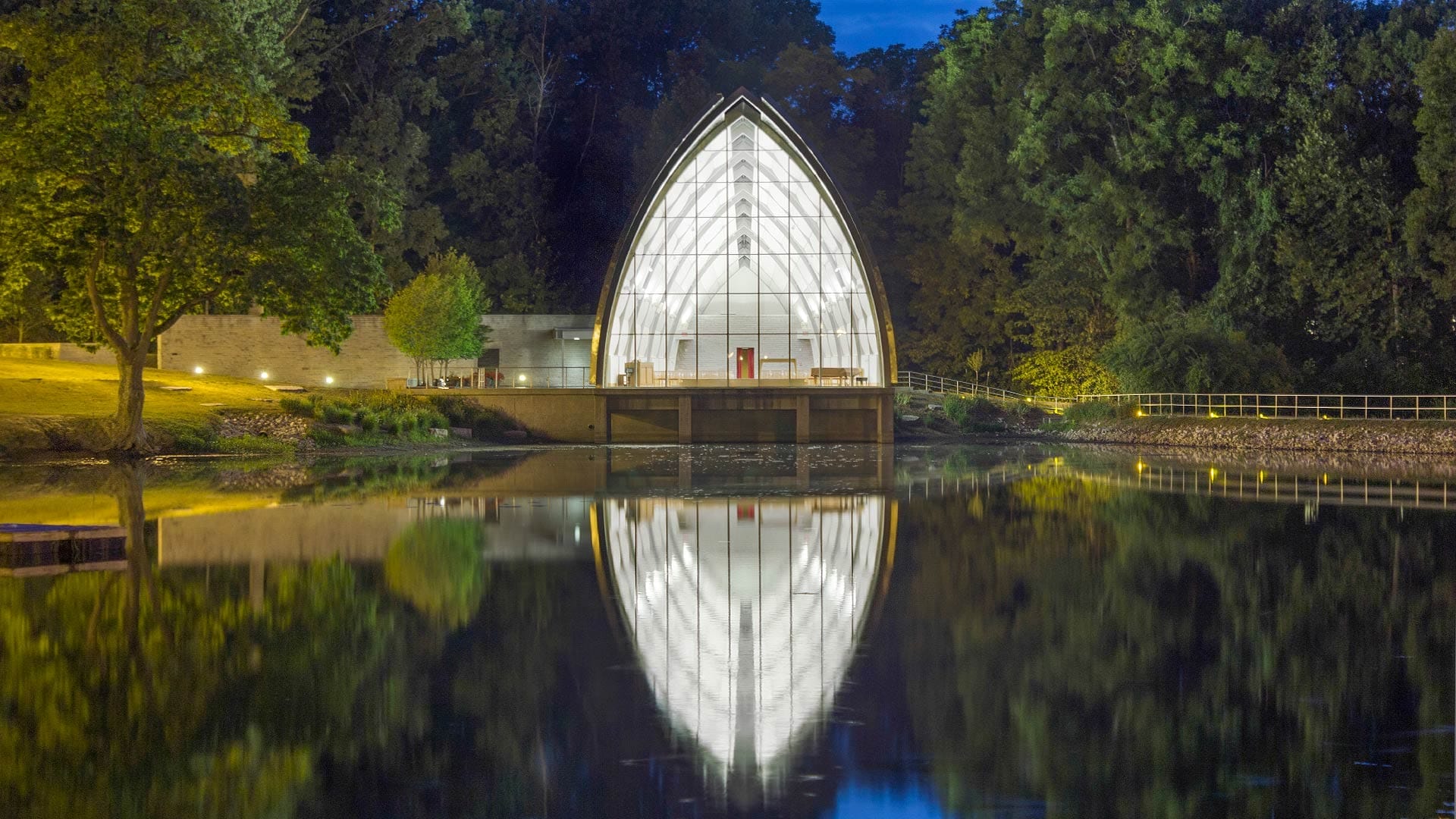 Photograph of White Chapel at dusk on the Rose-Hulman campus