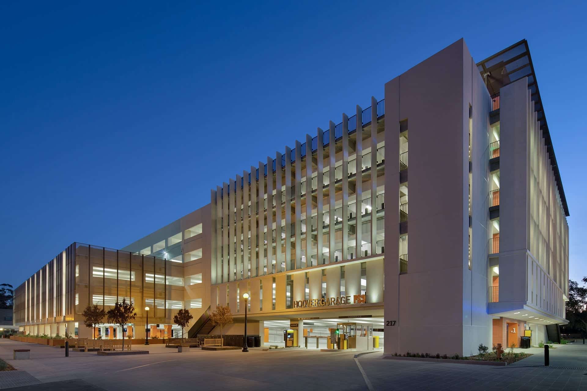 Hoover Parking structure at dusk on the Stanford University Campus.