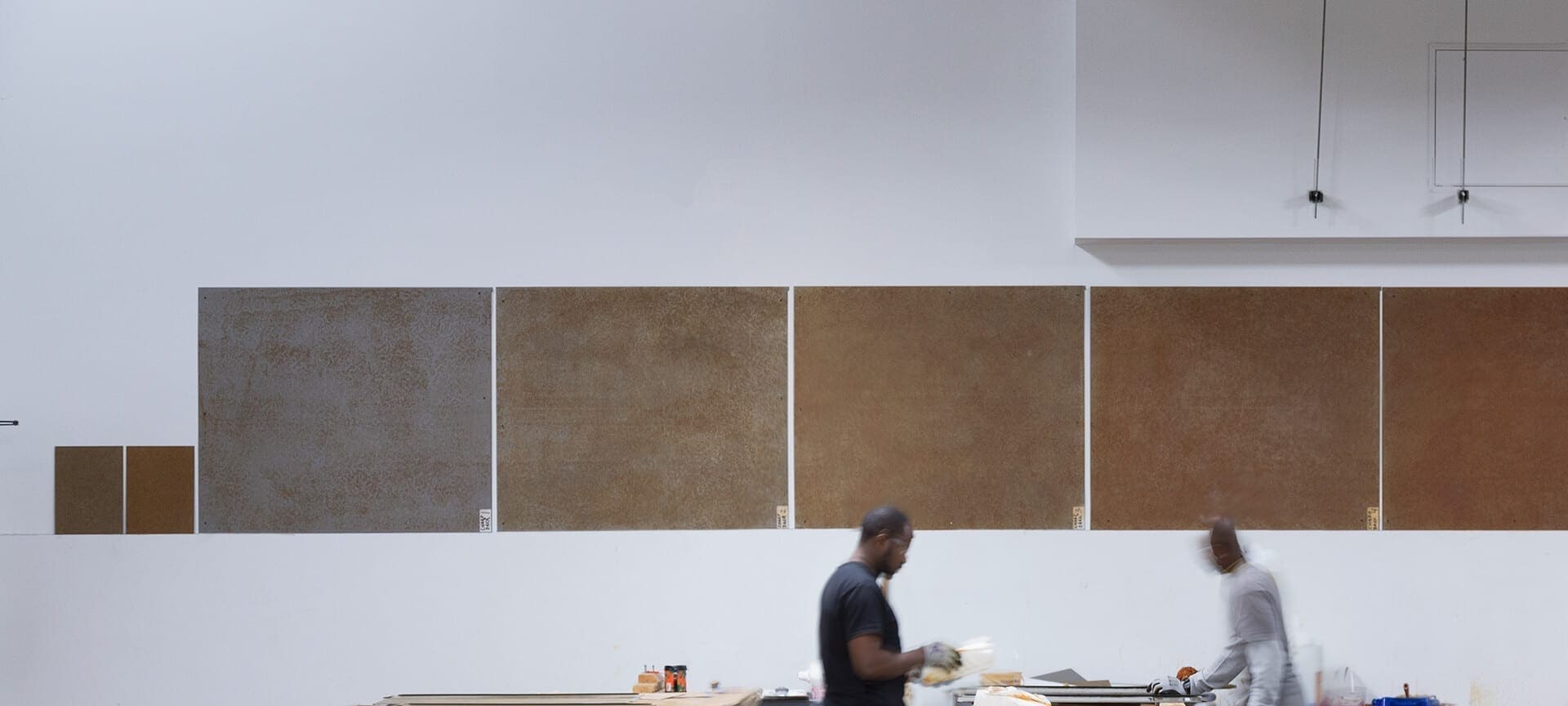 Patina technicians in the Zahner Dallas facility create the custom patina on zinc.