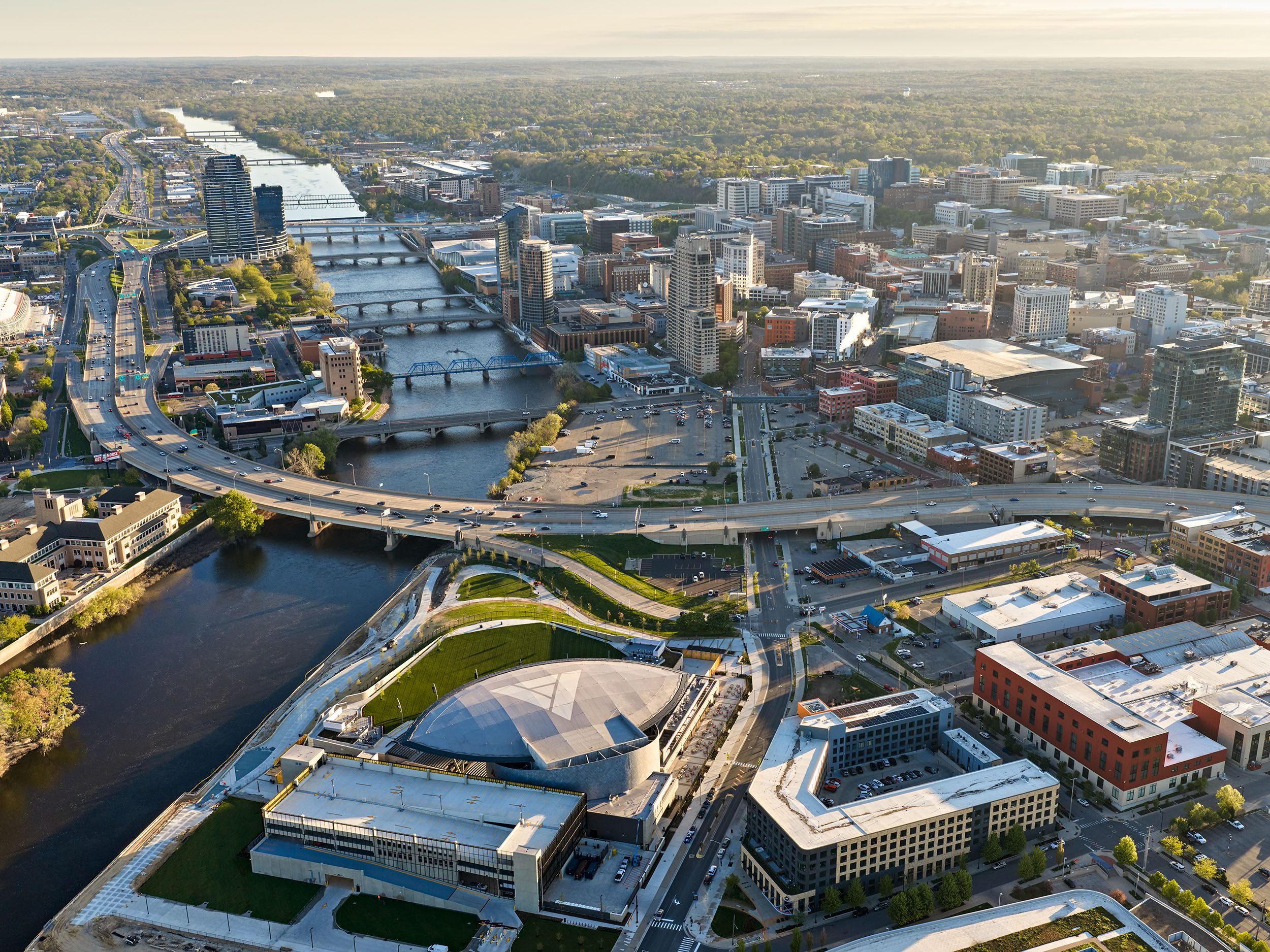 Aerial view of the Acrisure Amphitheater in Grand Rapids, Michigan.
