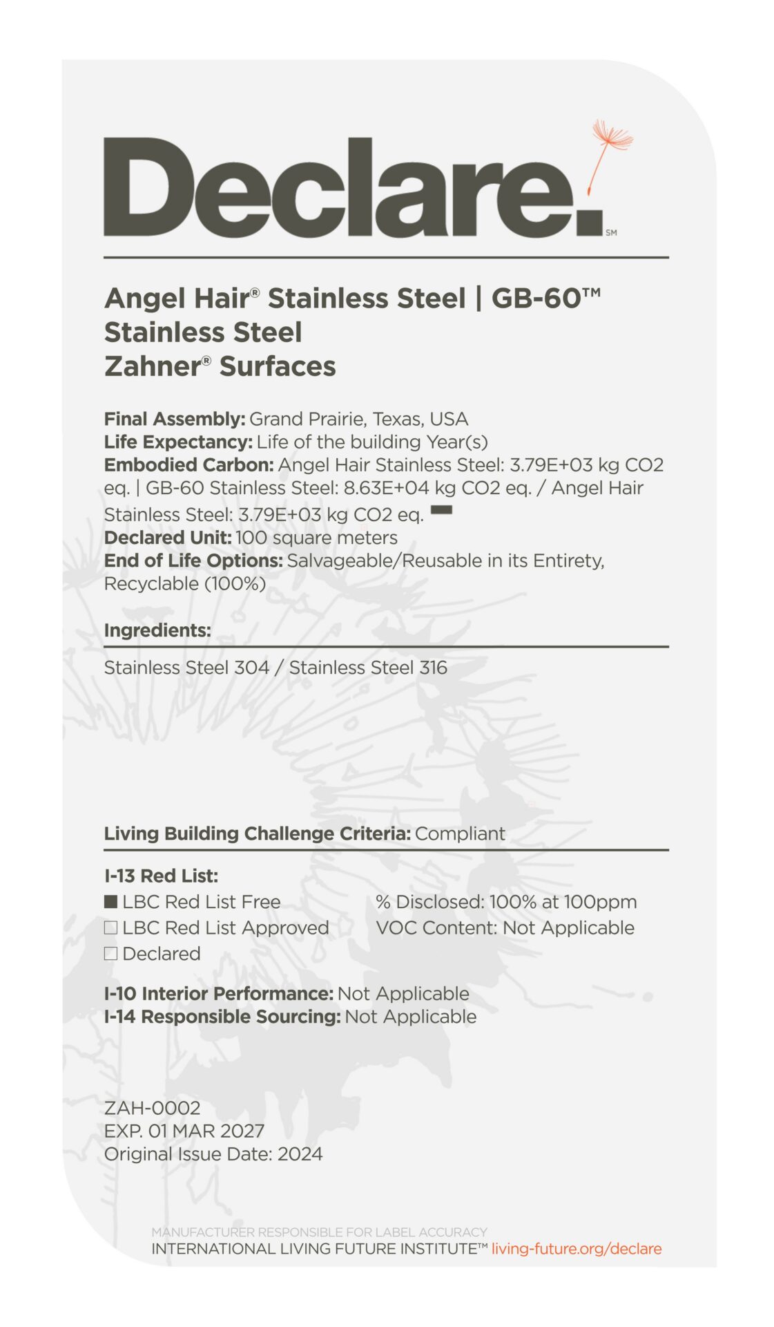 Angel Hair Stainless Steel Declare Label