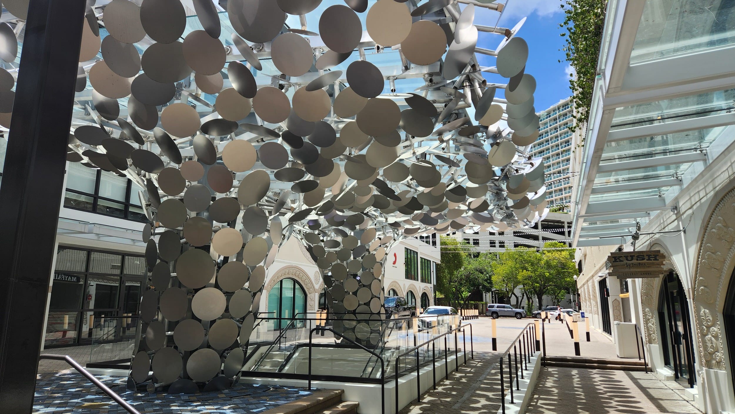 Sculptural canopy for Mayfair at the Grove in Miami, designed by Zahner and Gensler in Angel Hair® stainless steel.